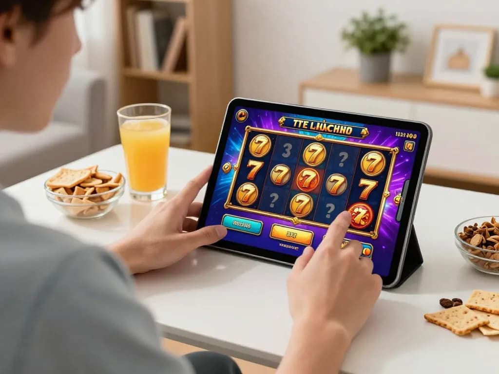 Enjoying an exciting slot 777 game on a tablet in a cozy home atmosphere.