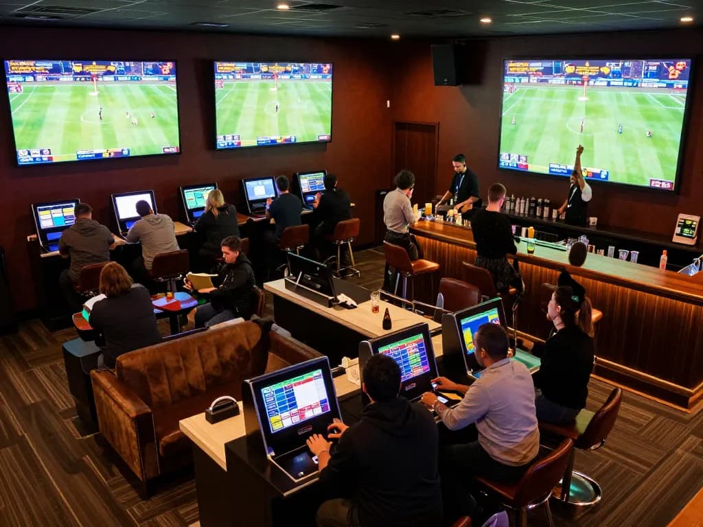 Sports betting scene at MM88.COM lounge with fans placing real-time bets and cheering