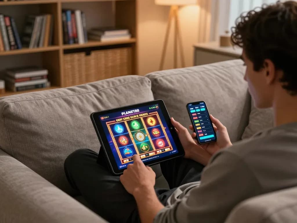 PLAYER INTERACTING WITH PLANET88 CASINO APP ON TABLET ENJOYING A SLEEK HOME GAMING ENVIRONMENT