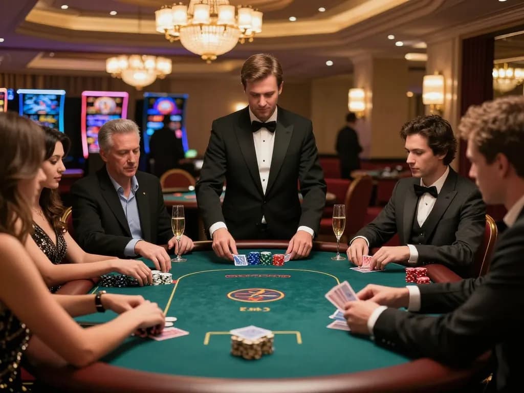 VB88 players strategizing at a luxury poker table in an upscale casino