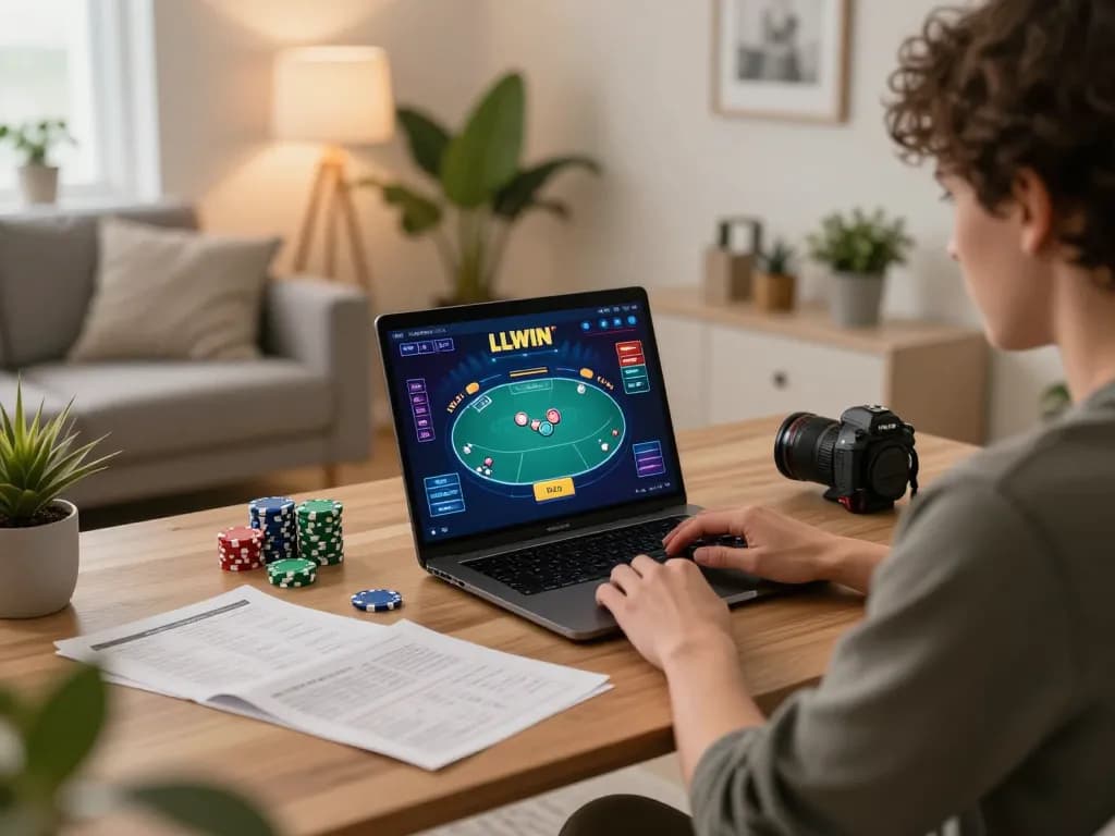 Player engaging in LLWIN's online poker game at home, showcasing a vibrant setup with strategy notes.