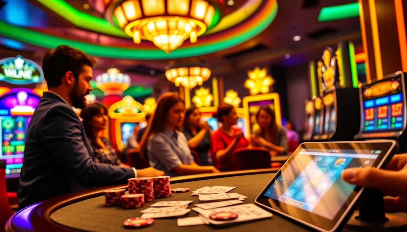 Experience excitement with bro138 login as players engage with vibrant slot machines and betting slips.