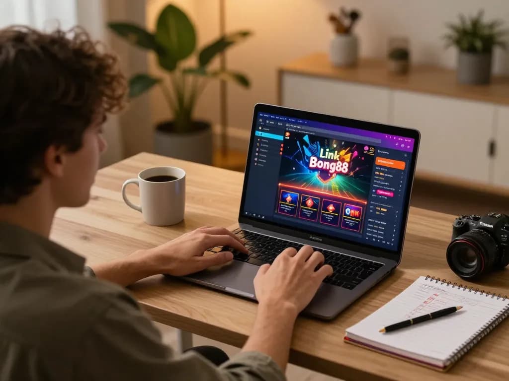 Engaging scene of online gaming with Link Bong88 interface displayed, showcasing strategic betting atmosphere at home.