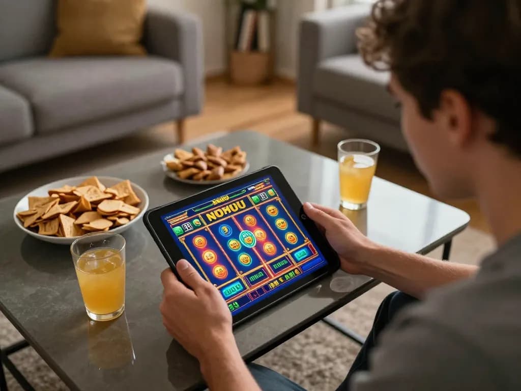 Nohu player enjoying a vibrant slot game on a tablet while surrounded by snacks at home.