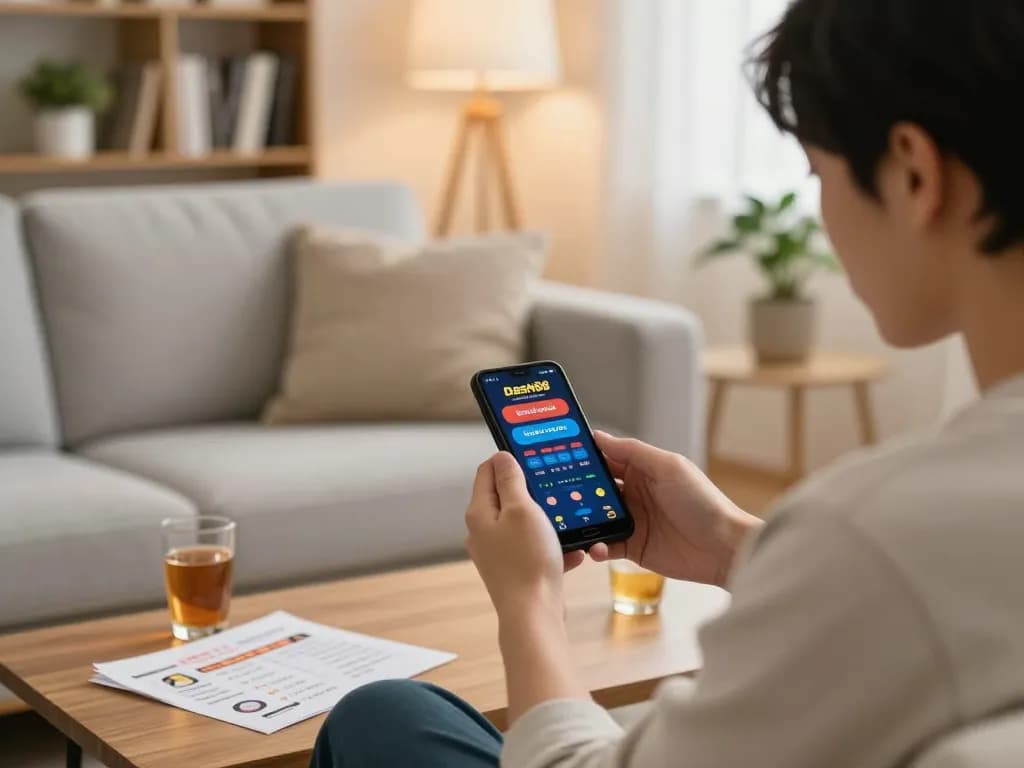 Playing dash88 on a smartphone in a cozy home setting with betting notes.