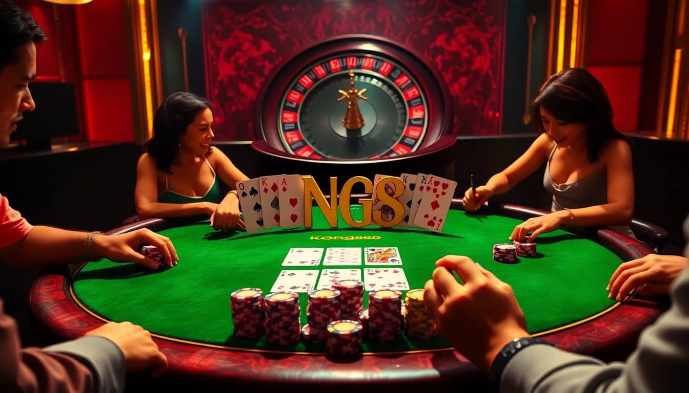 KONG88 poker players strategizing a winning hand at an upscale casino table.
