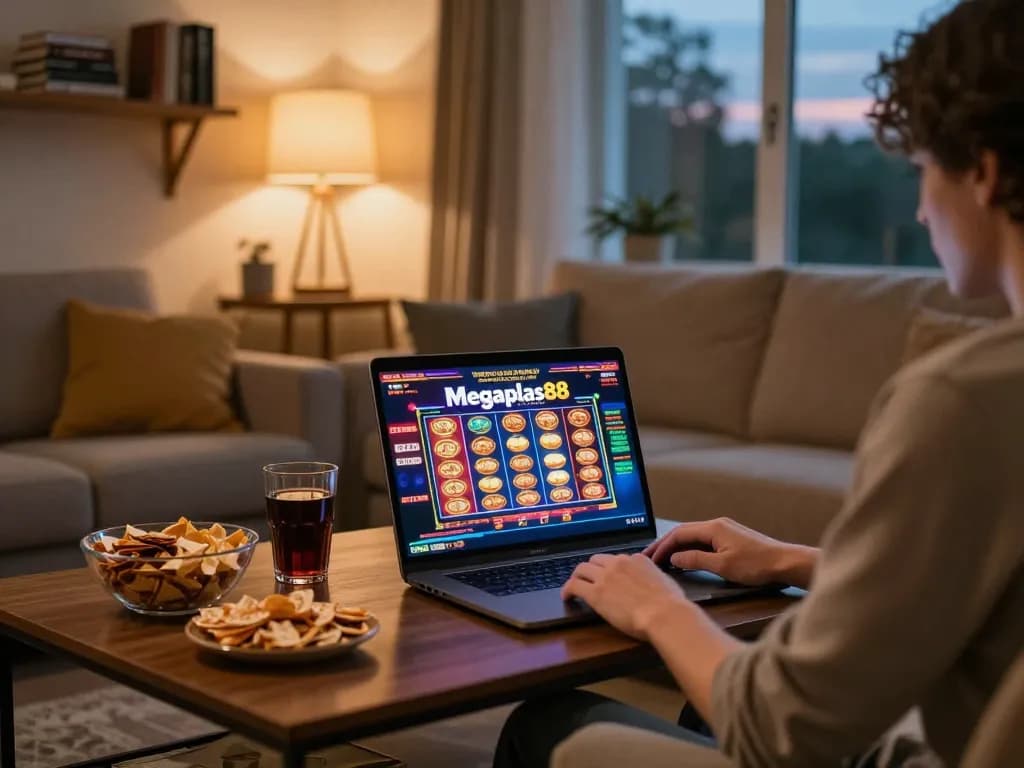 Engaging in online slots at megaplus88 on a cozy home setup with snacks and strategy books.