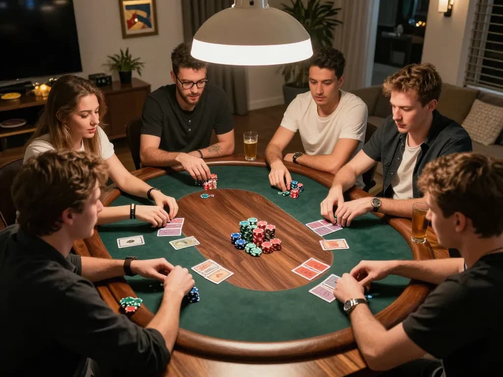 Friends engaging in a competitive poker game at home, showcasing the excitement of f8beta2.