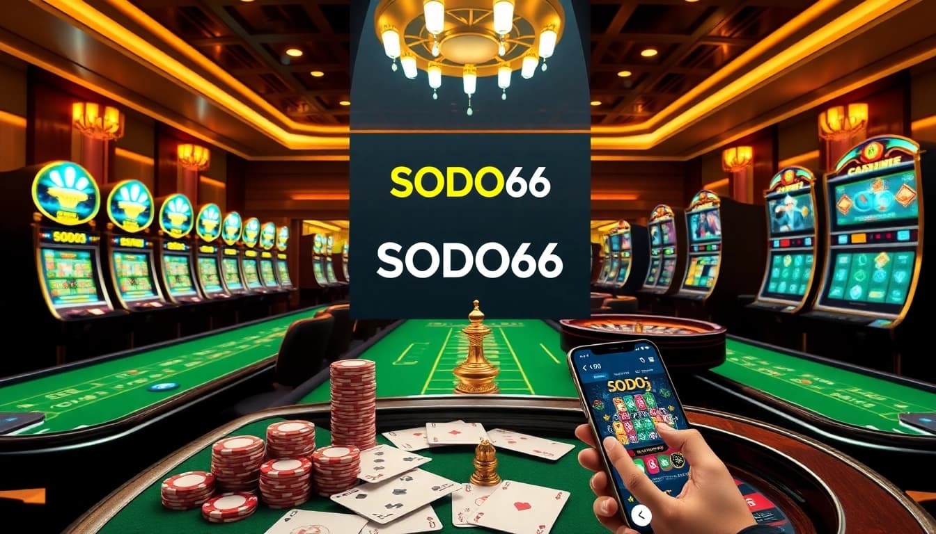 SODO66 online casino scene with vibrant tables, poker chips, and roulette wheel inviting players' excitement.