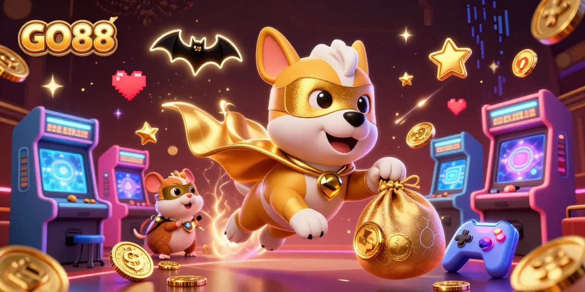 Experience the excitement of GO88 with a vibrant 3D illustration of a superhero dog collecting gold coins in an energetic casino setting.