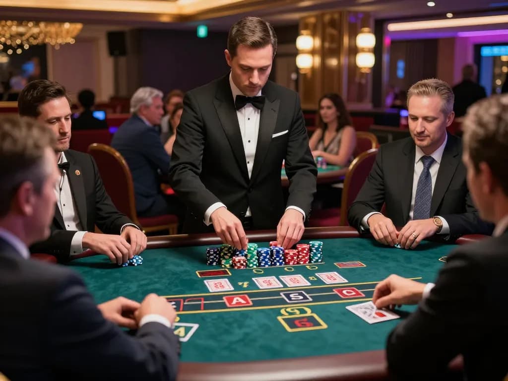 Engaging live casino moment at may88 with players at a blackjack table, professional dealer in action.