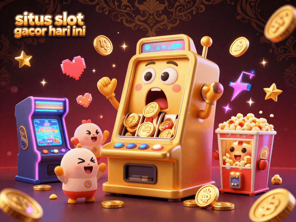 Situs slot gacor hari ini showcasing a surprised golden slot machine celebrating a jackpot while surrounded by cheering machines, creating a fun casino atmosphere.