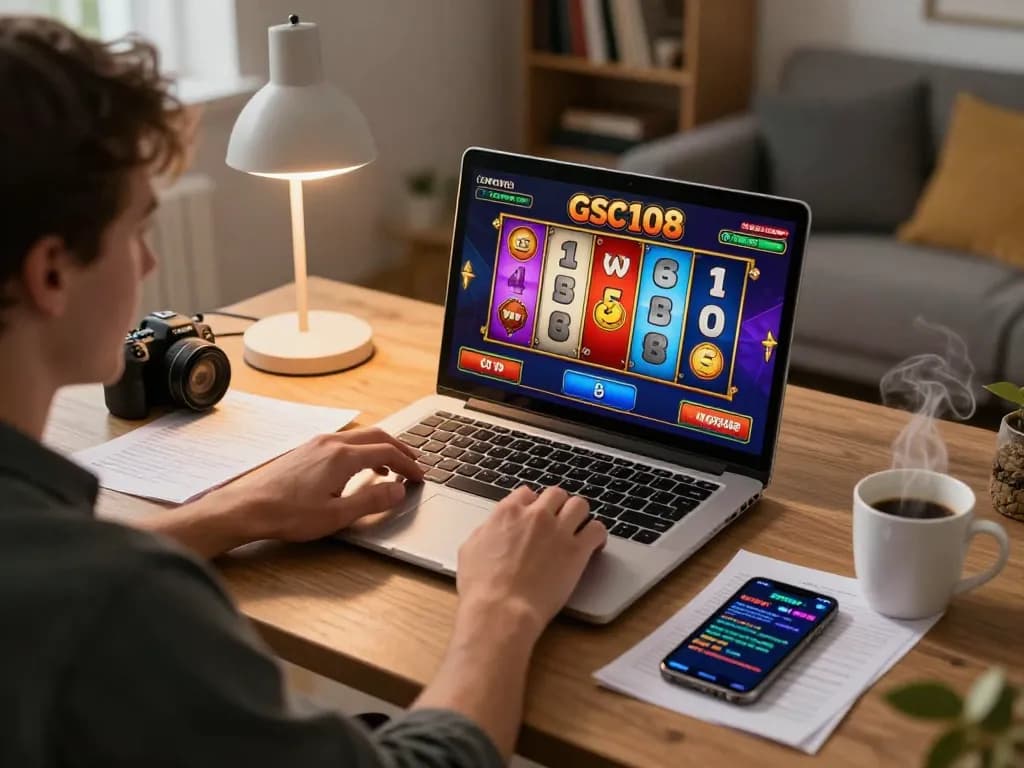 Pemain memutar gulungan pada permainan slot Gsc108 selama sesi permainan online yang santai di rumah.