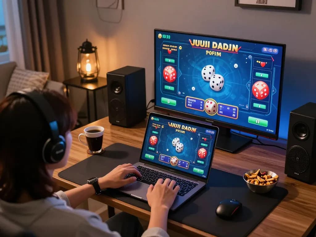 Engaging in Judi Dadu online gameplay on a sleek laptop in a cozy home setup.