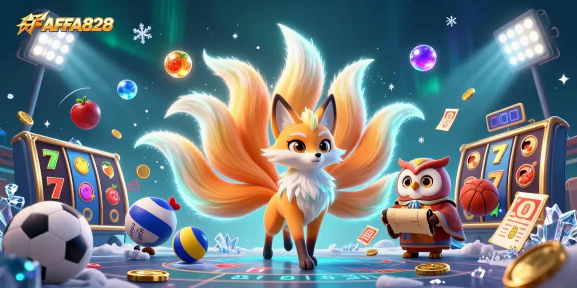 Engage with FAFA828 through slot reels and lively mascot interactions in a vibrant casino scene.