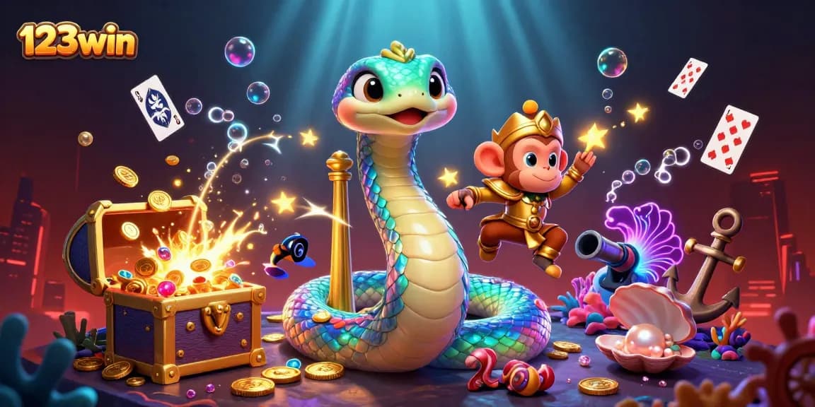 Experience the thrill of 123win with a vivid underwater scene full of action, treasure, and gaming excitement.