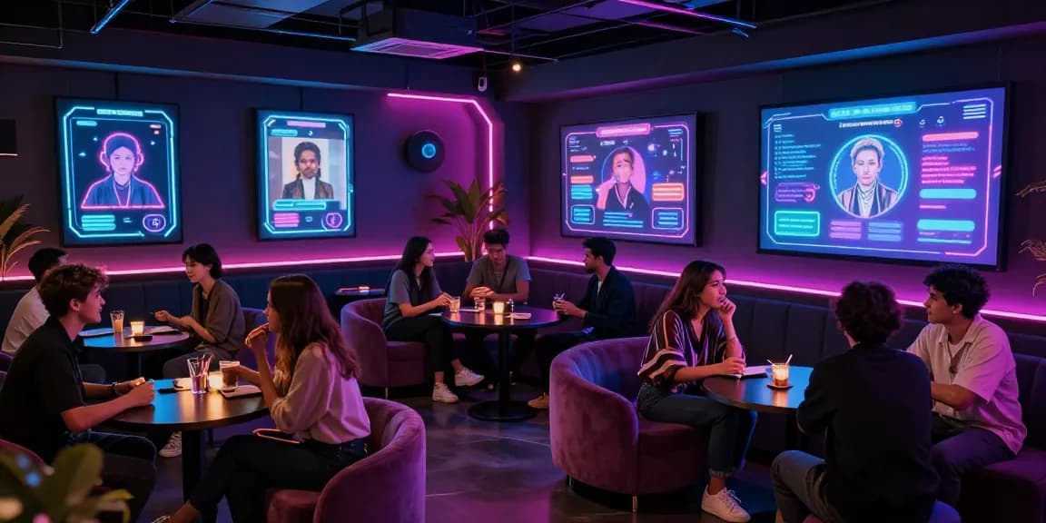 Engaging NSFW AI chat atmosphere in digital lounge with neon lights and interactive elements