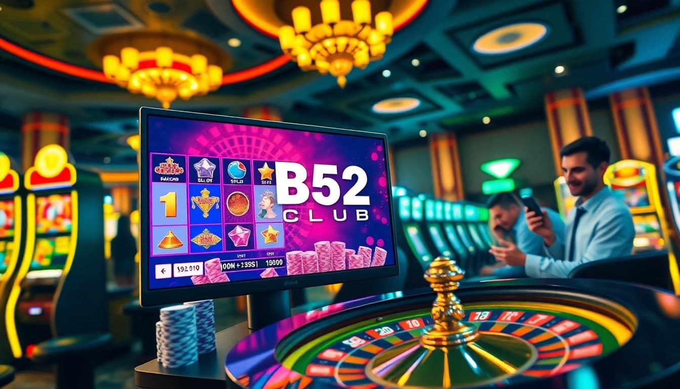 B52 CLUB engaging players at a vibrant online casino with colorful slot machines and poker chips.