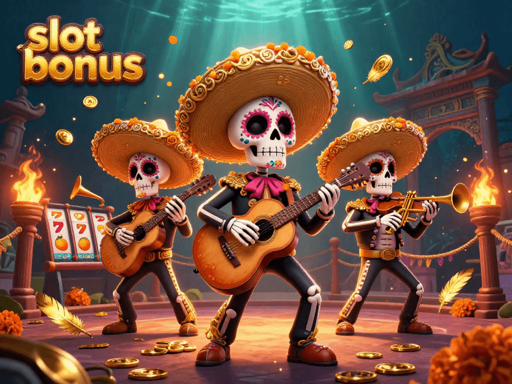 Celebrate with a slot bonus from vibrant skeleton mariachi band surrounded by casino elements.