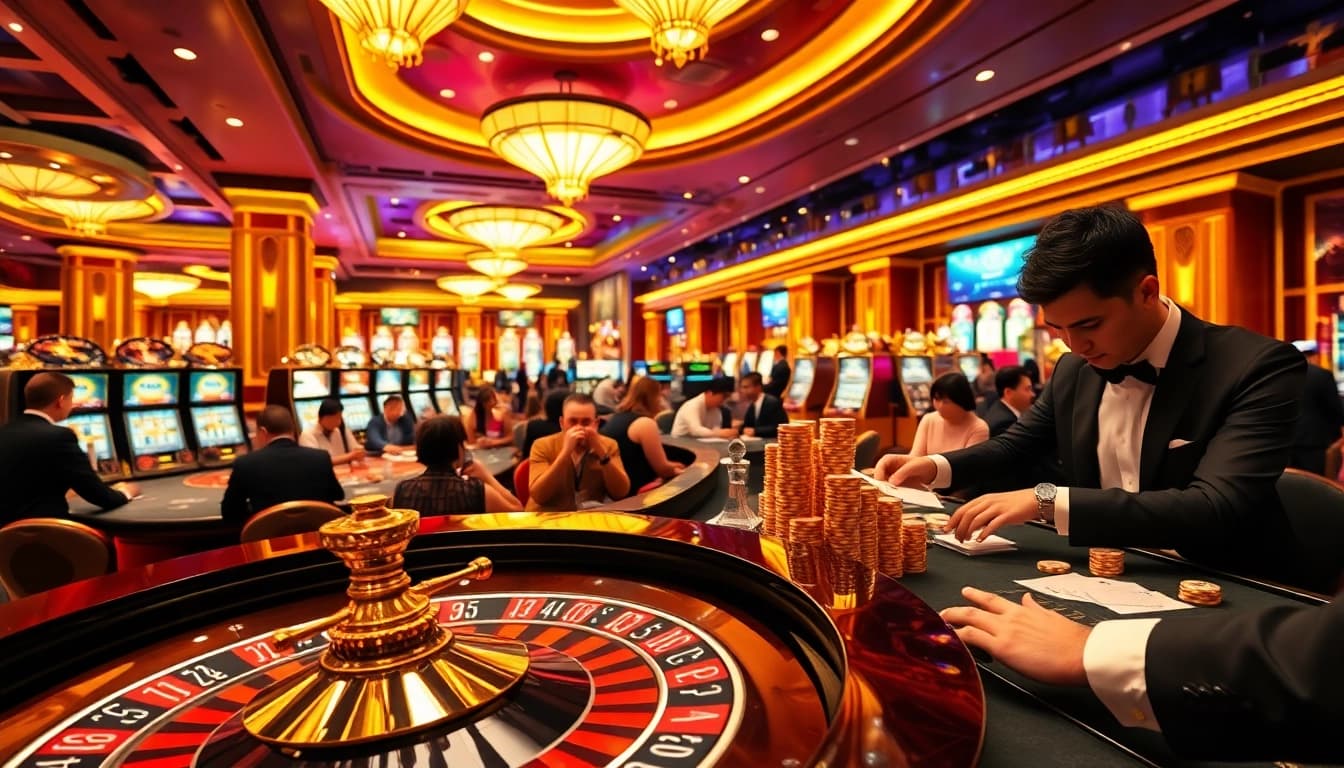 Experience excitement at LU 88 casino with players engaging at roulette and poker tables, showcasing luxury gaming.