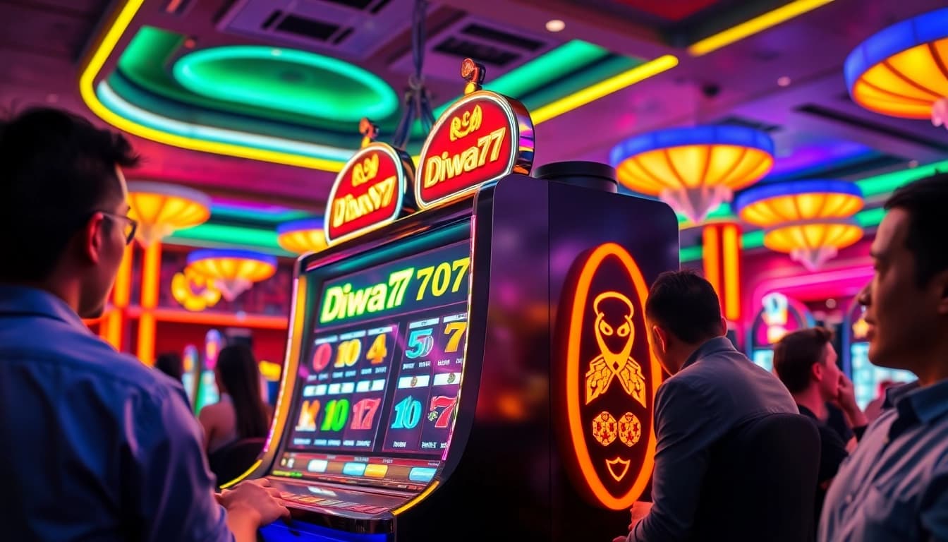 Engaging players enjoying the Diwa777 casino experience at a vibrant slot machine.