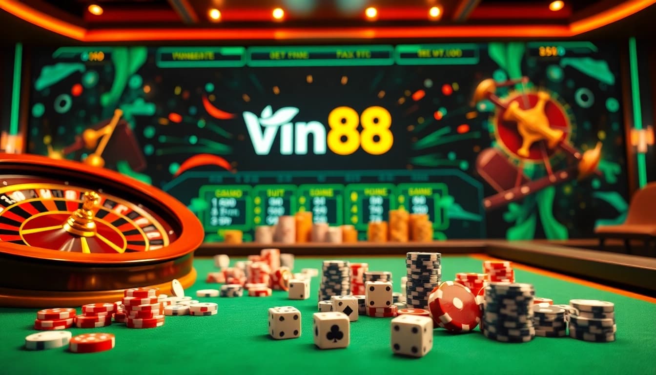 Experience thrilling gameplay at https://vin88ac.com/ with poker chips, roulette wheel, and online betting interface.