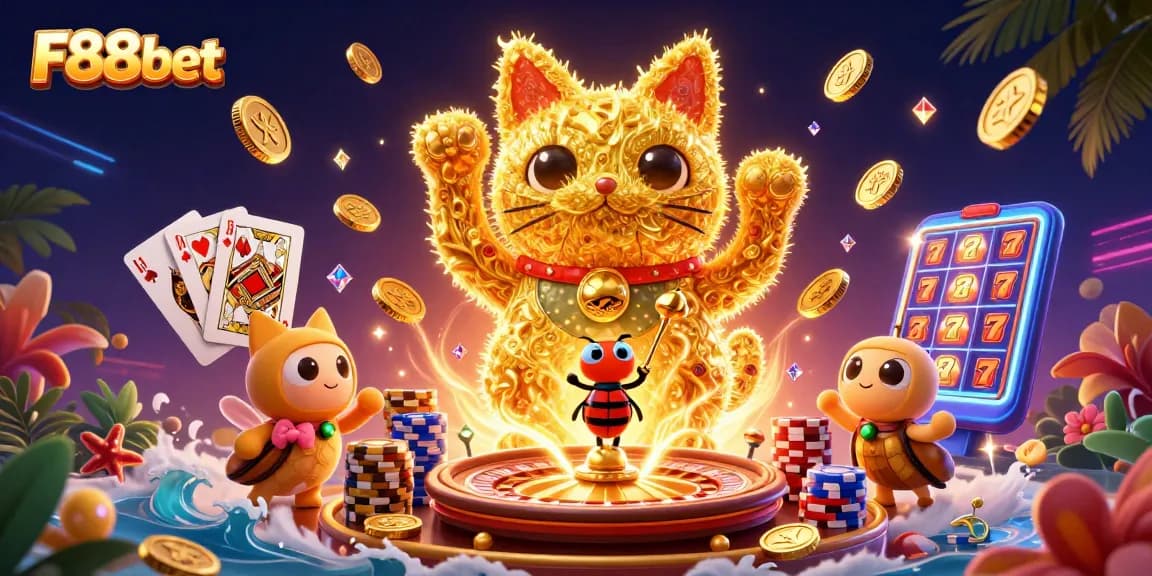 Experience vibrant casino action with F88bet's golden lucky cat symbol amidst sparkling elements.