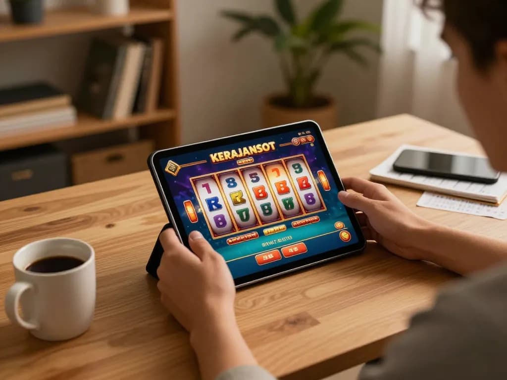 Engaging kerajaanslot gameplay on a tablet at home, illustrating a cozy online gambling scene.