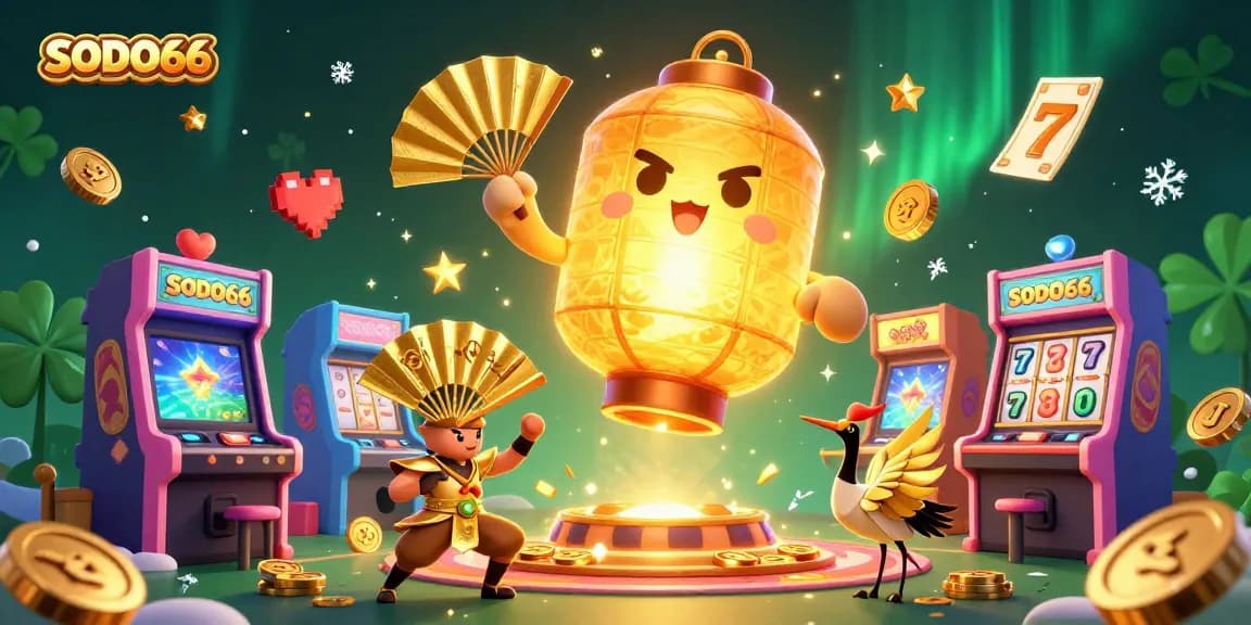 Experience excitement at SODO66 with glowing slot machines, golden lanterns, and vibrant casino elements.