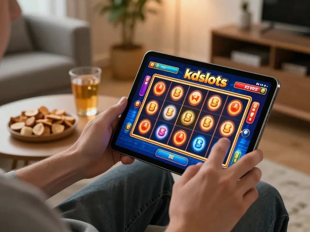 Engaging in thrilling kdslots online gameplay with vibrant slot graphics and a cozy home setup