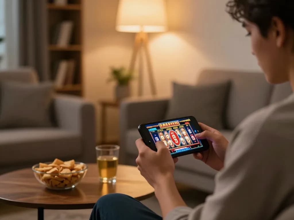 Engaging in slot gacor hari ini gameplay on a smartphone in a cozy home setting, showcasing excitement in online gambling.