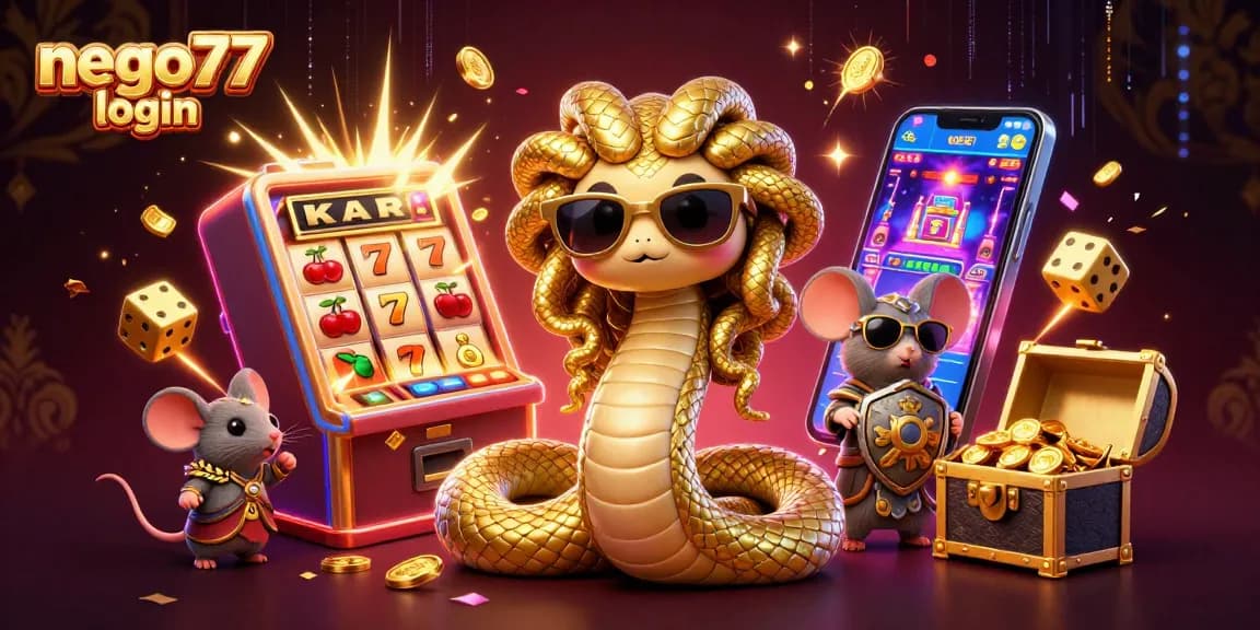 Experience seamless gaming with nego77 login; dynamic slot machines and fun characters in a colorful casino scene.