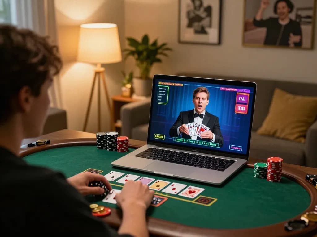 Engaging in live dealer blackjack gameplay at https://5g28.com/ shows a player strategizing their bets amid a cozy home setting