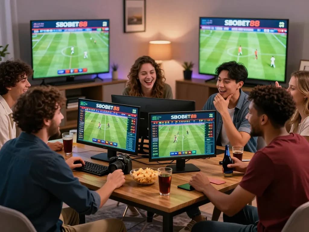 SBOBET88 friends enjoying an exciting live betting session in a lively setting