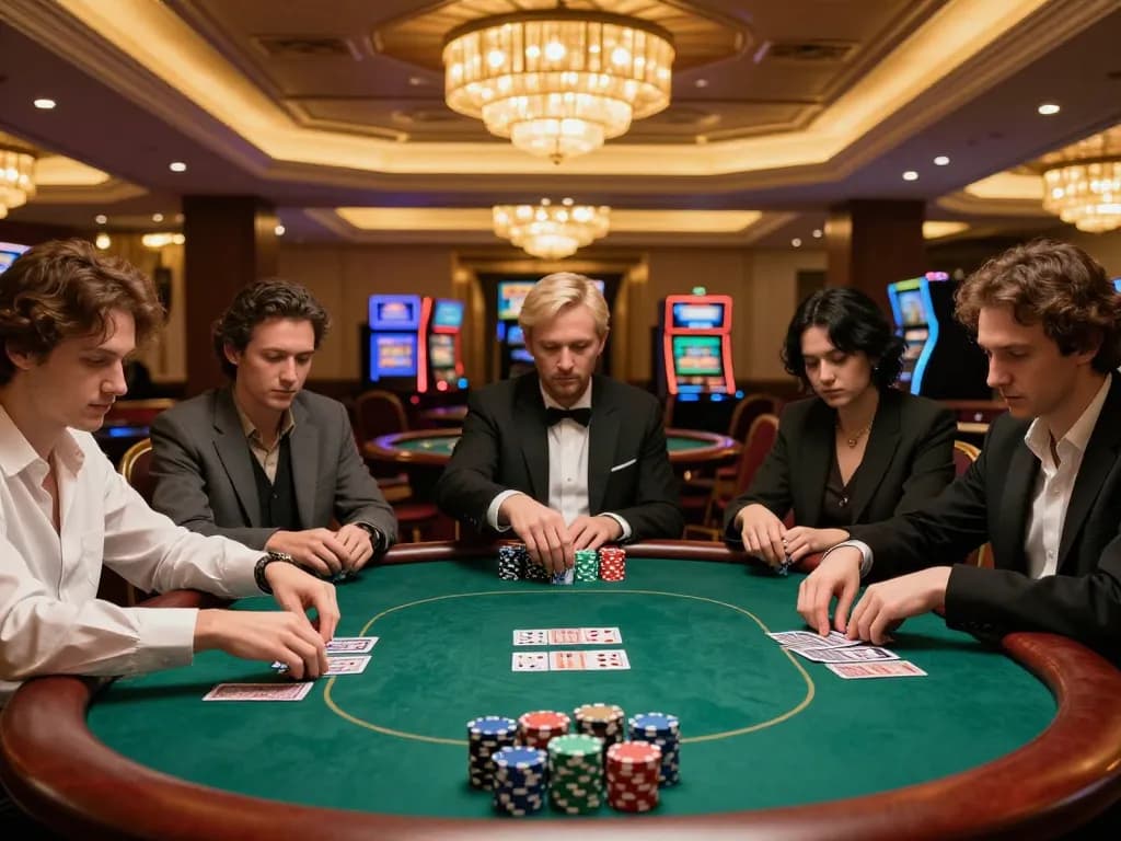 Pemain merencanakan strategi selama permainan poker yang mendebarkan di kasino kyungdongmart dengan suasana yang meriah.