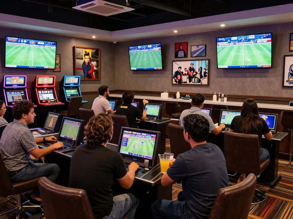 kk vin patrons cheering for winning bets in a lively sports betting lounge