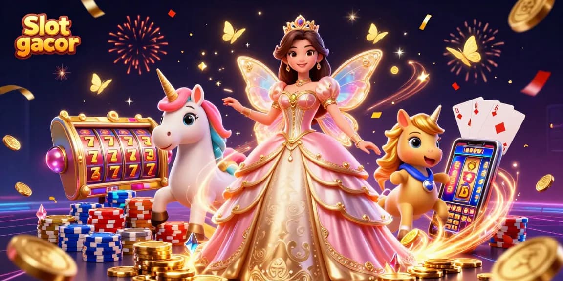 Experience Slot gacor excitement with a dazzling illustration featuring a glamorous Asian woman and golden unicorn.