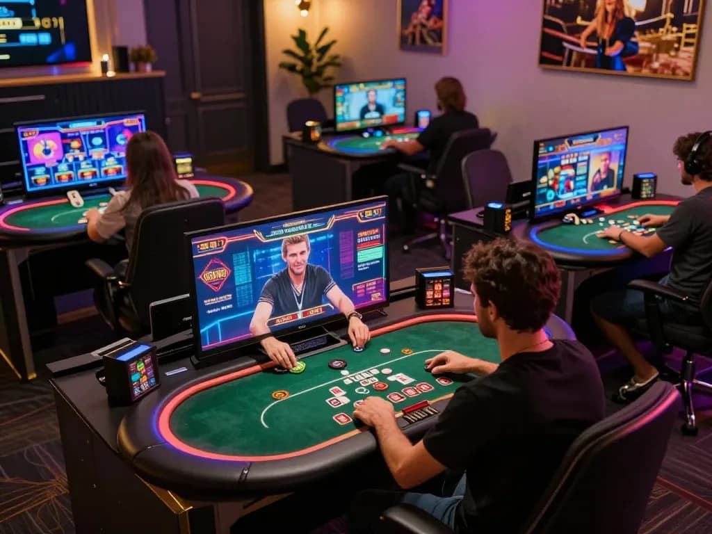 Engaging online m102 poker gameplay setup with multiple screens in vibrant home environment