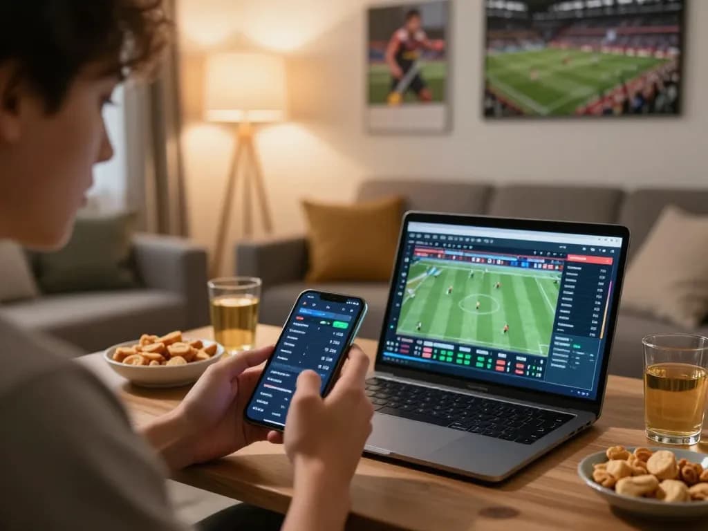 Say88 user placing live sports bets on a smartphone in a cozy living room setting, capturing the excitement of online gambling