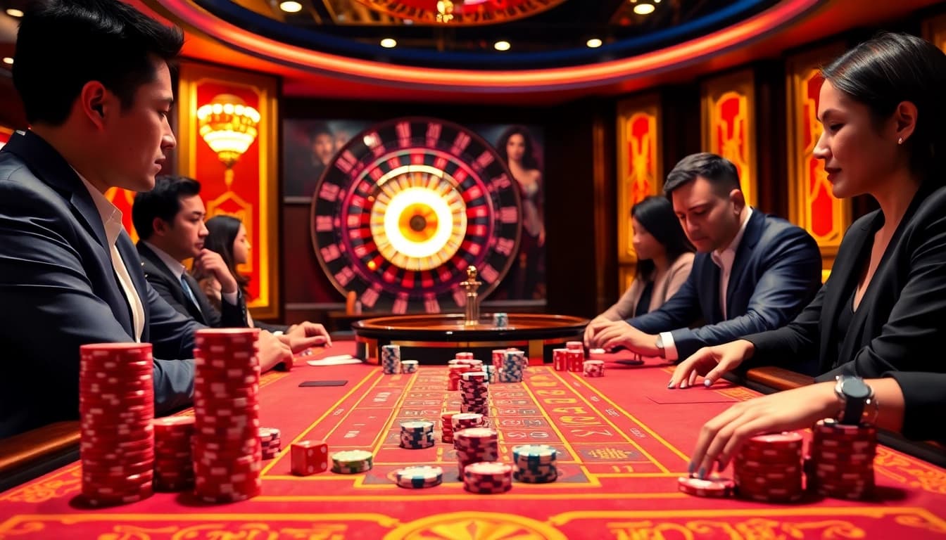 Tài xỉu md5 gaming table showcasing excitement with rolling dice and stacked chips.