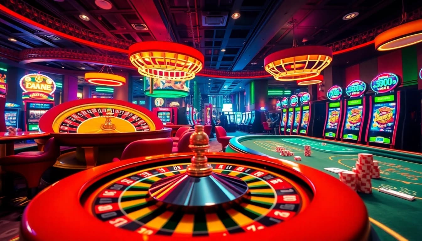 Experience thrilling gameplay at https://nk88zz.bio/ with vibrant casino visuals featuring a roulette wheel and poker table.