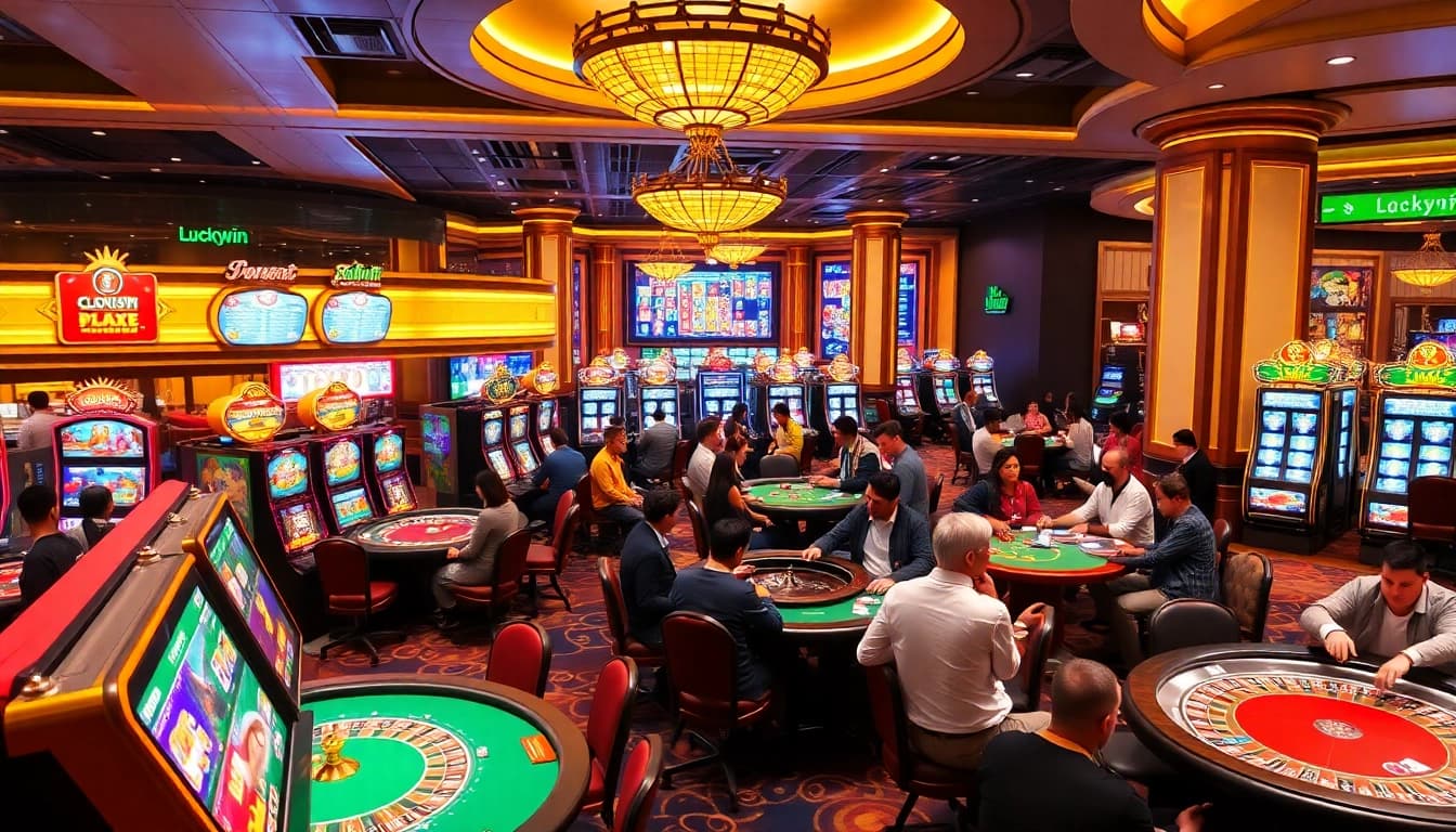 Experience the excitement of Luckywin with vibrant casino gaming, including slot machines and poker.