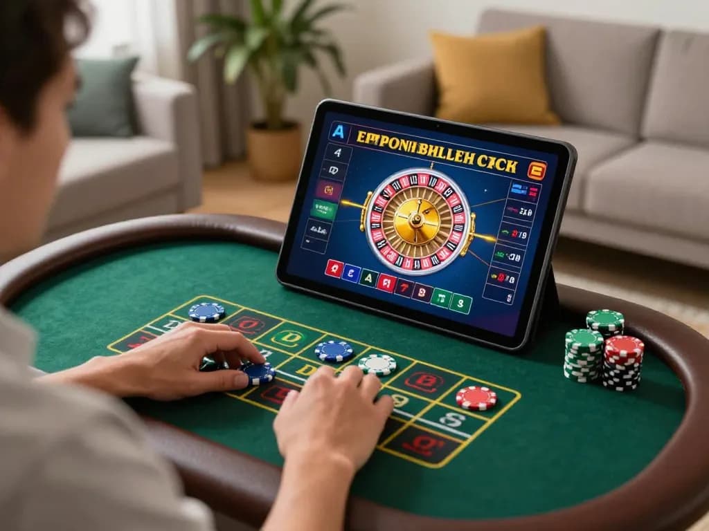 Engage with Fly88 gaming experience at home, placing bets on a live roulette table through a tablet.