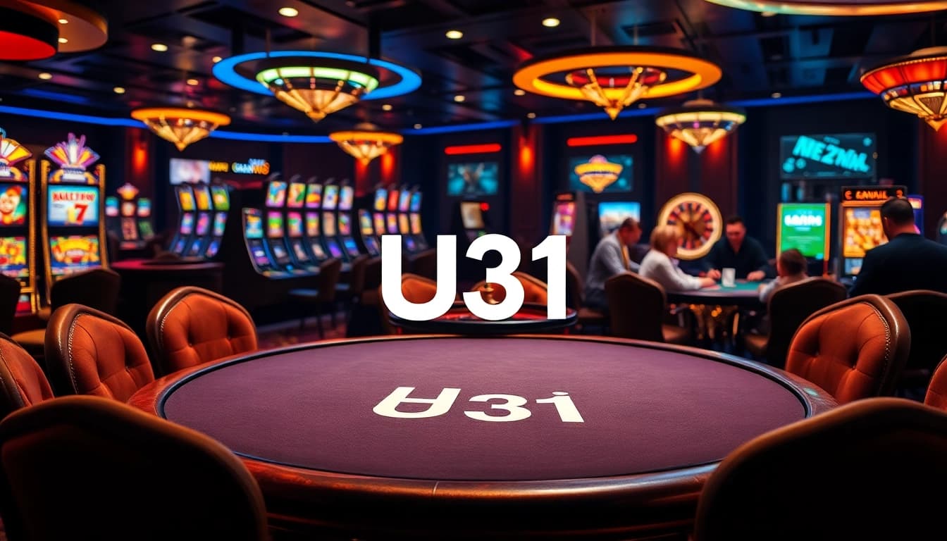 Exciting casino scene with U31 logo, slot machines, and poker players engaging in a game.