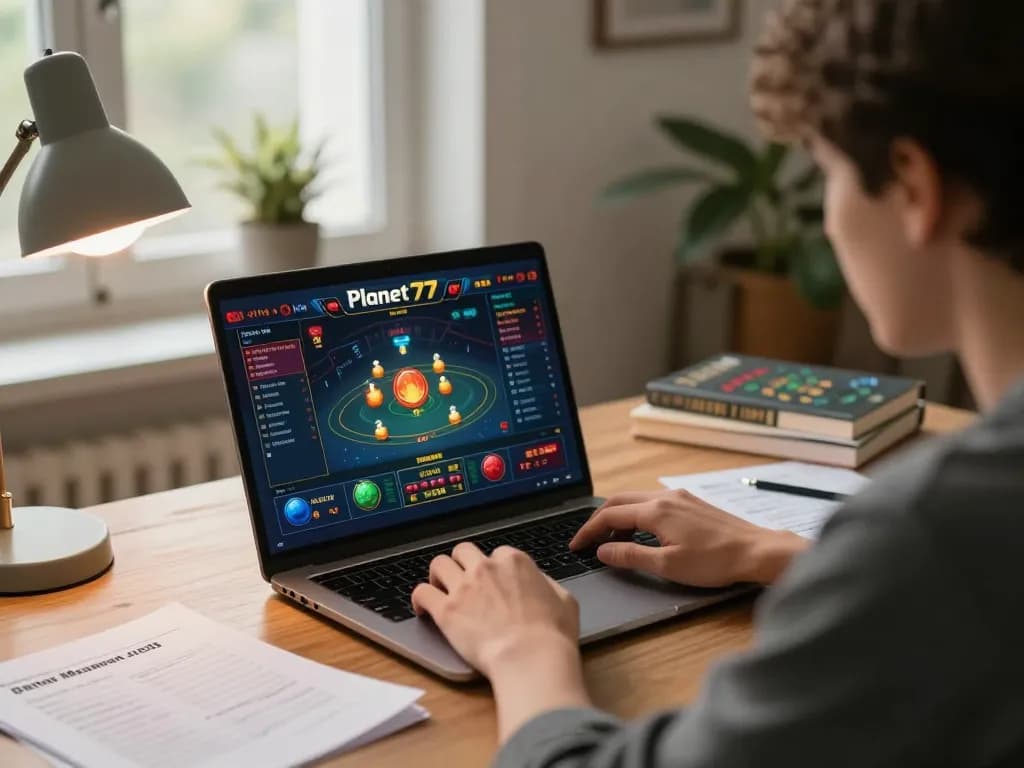 Pemain online menikmati permainan Planet77 dengan catatan strategis di meja dalam suasana yang nyaman.