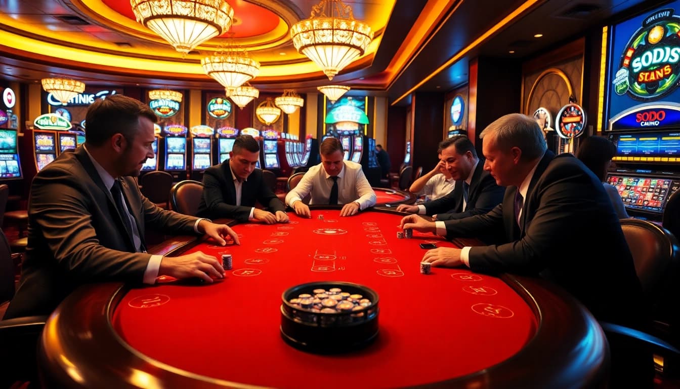 Players enjoying a thrilling poker game at SODO Casino, surrounded by vibrant slot machines.