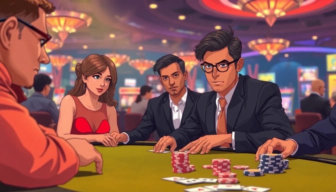 Katsu5 menikmati suasana kasino dengan dealer poker dan pemain terfokus.