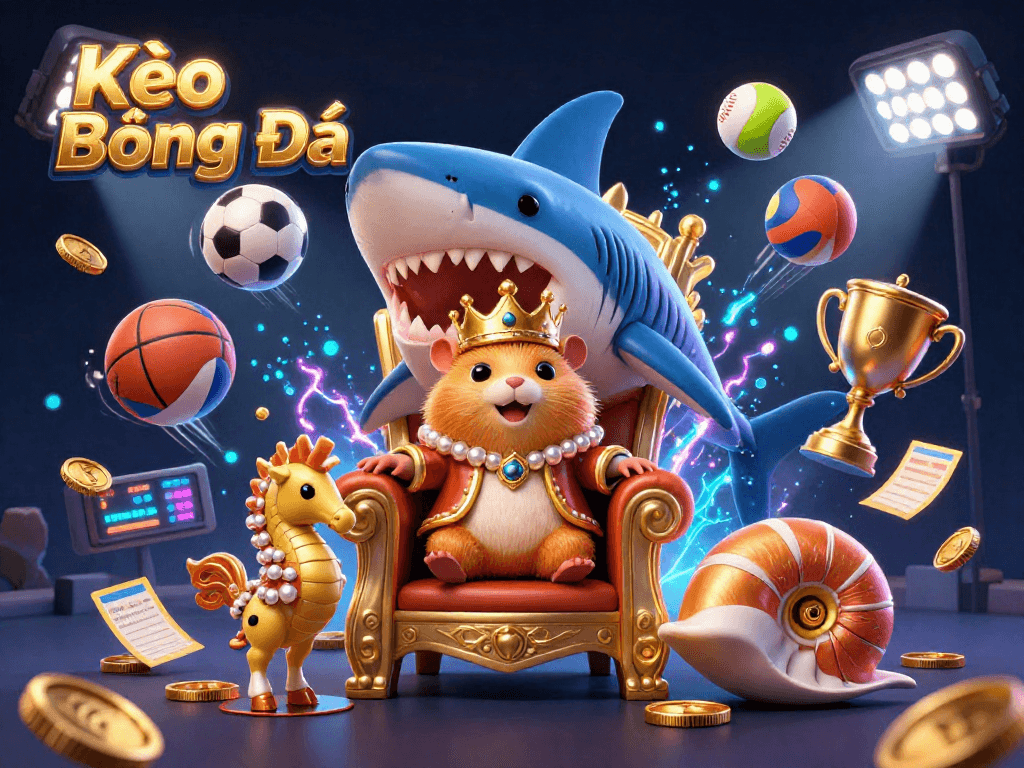Kèo Bóng Đá sports betting scene featuring a golden hamster king and lively dynamic elements.