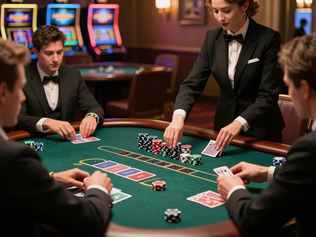sin88 casino players engaged in a thrilling blackjack game with high-stacked chips and cards.