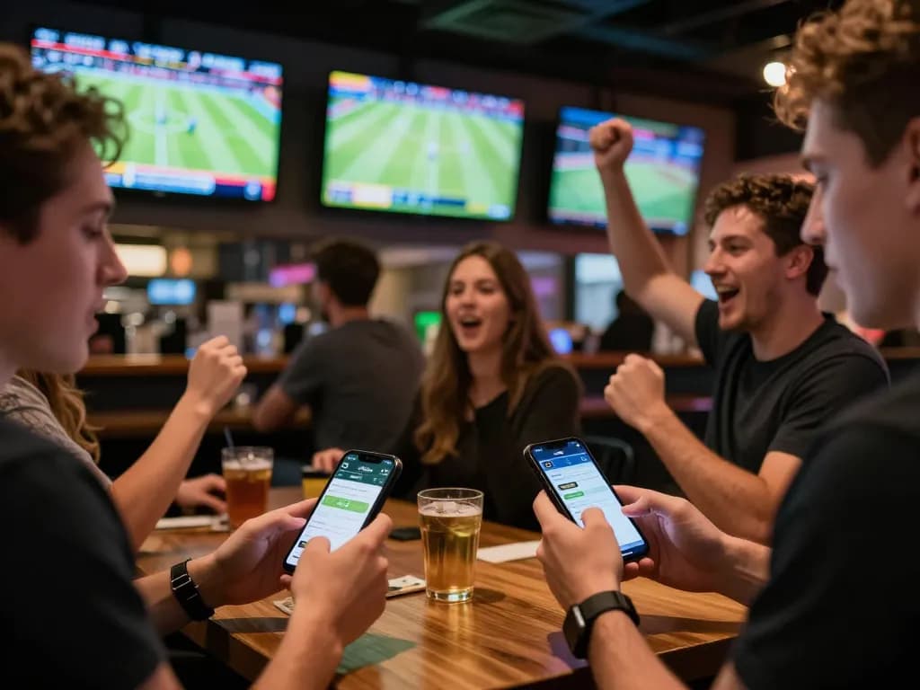 Engaged sports fans placing bets on LV88 app during live event, showcasing excitement and strategy